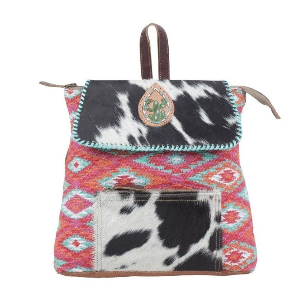 Myra Bag Handmade Serein Backpack Upcycled Canvas & Cowhide Leather - Picture 2 of 9
